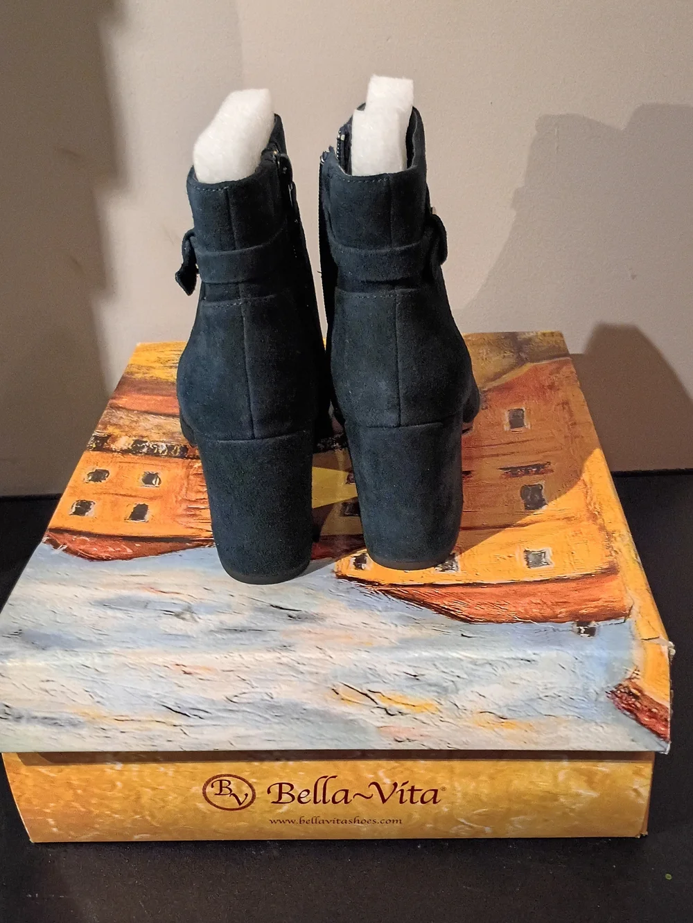 Bella Vita Dark Green Suede Ankle Boots with Block Heel